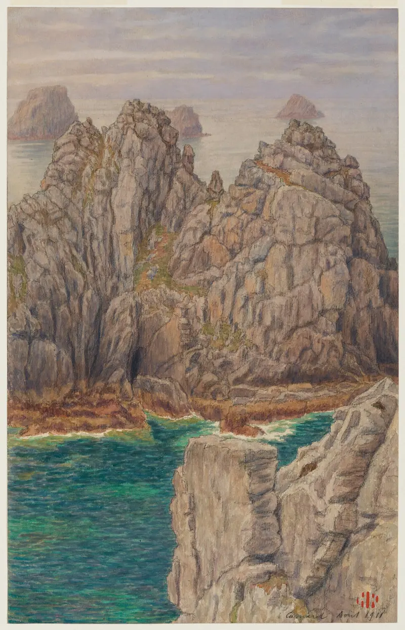 Les tas de pois. Camaret by Henri Rivière, oil painting depicting a serene landscape with earthy greens and muted blues.