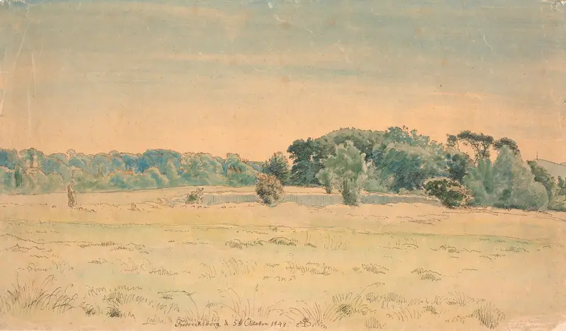 Landskab fra Frederiksborg by P. C. Skovgaard, oil painting of gentle hills and serene sky.