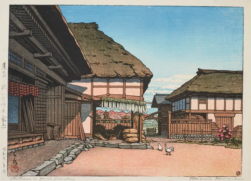 Ukiyo-e by Kawase Hasui depicting a serene farmhouse landscape in autumn