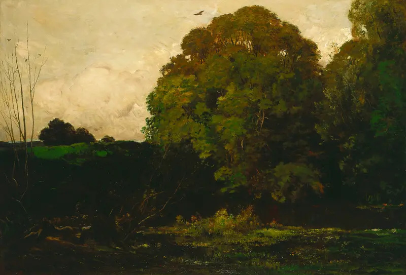 A Pond in the Morvan by Charles François Daubigny, oil painting of a tranquil pond landscape.