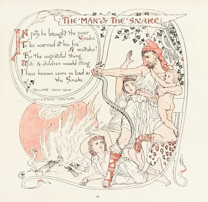 A striking depiction of a man interacting with a snake.