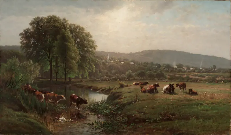 Landscape at dawn with mountains in pastel colors by James McDougal Hart, oil painting