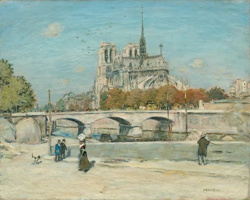 Notre Dame architecture at sunset, oil on canvas by Jean François Raffaëlli