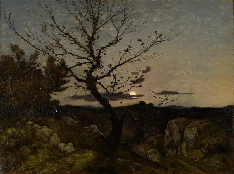 Landscape of twilight hills in Clair de lune aux environs de Marseille by Henri-Joseph Harpignies, oil painting.