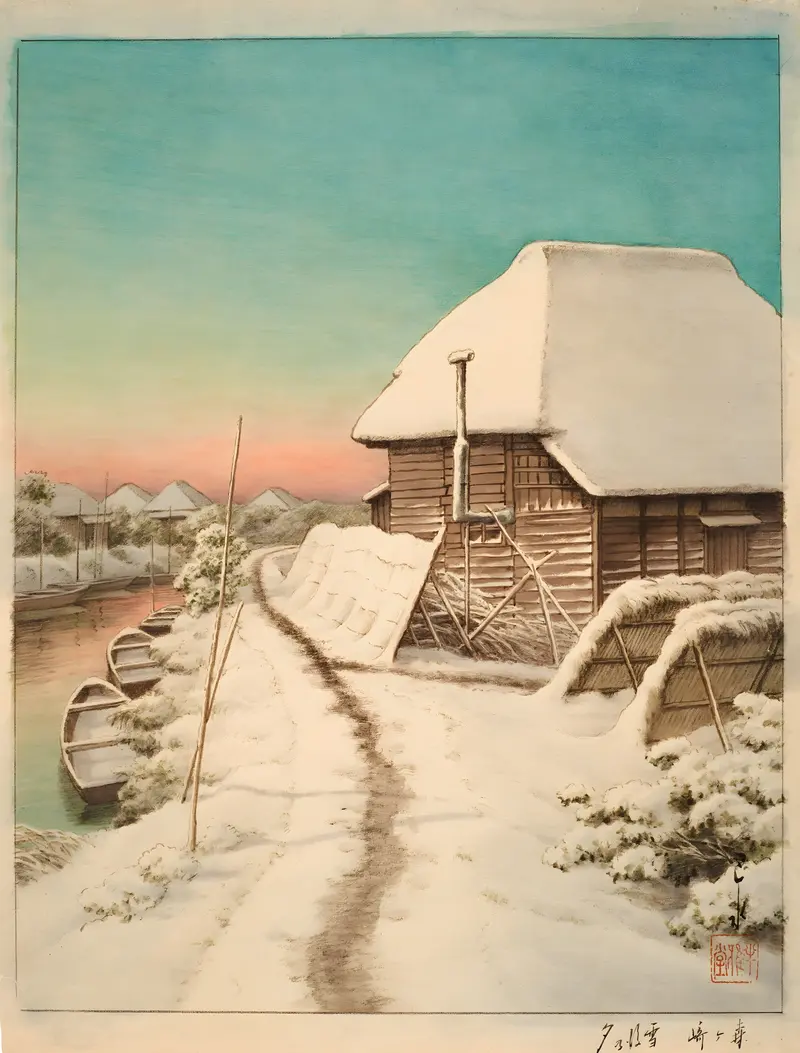 Woodblock print by Kawase Hasui depicting a tranquil snow-covered landscape at dusk.