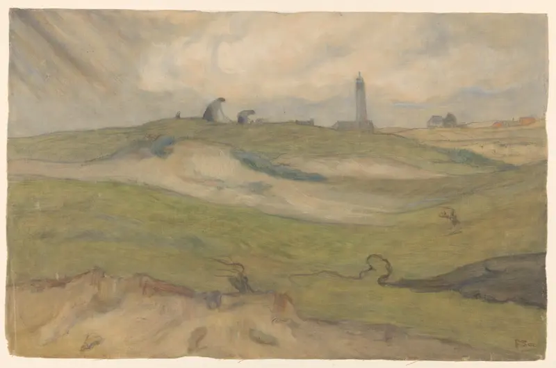 Landscape with a lighthouse and fishermen, oil painting by Frans Smissaert