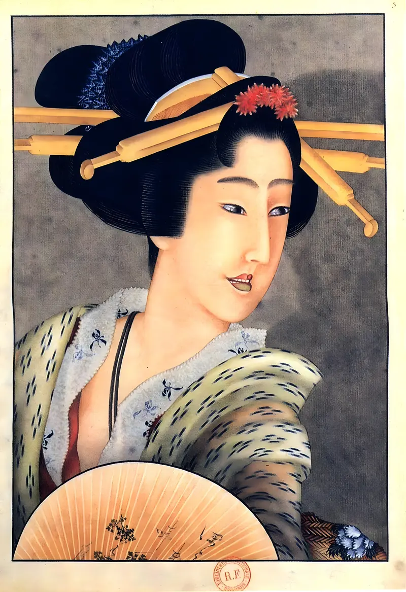 Portrait of a woman holding a fan by Katsushika Hokusai.