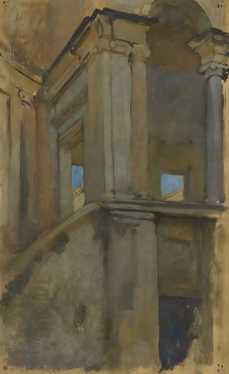 Architectural Study by Edwin Austin Abbey, ink on paper, showcasing intricate architecture and interplay of light.