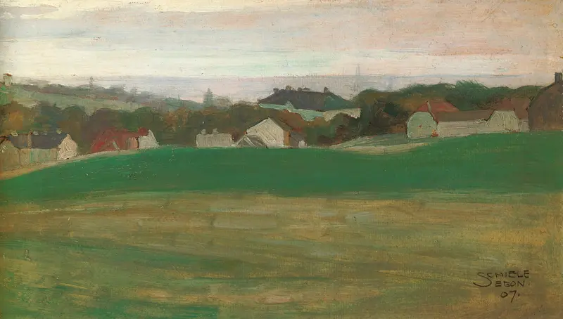 Landscape with village in the background, oil on canvas by Egon Schiele