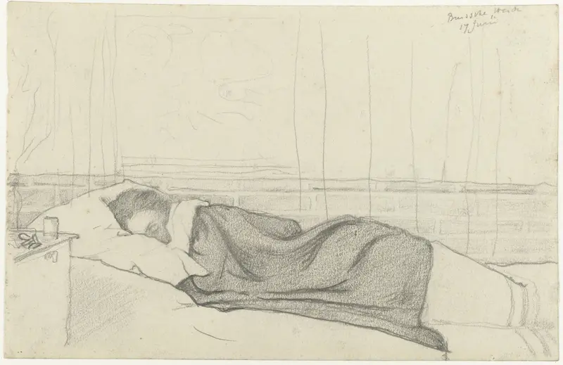 A woman lies in bed, depicted in a soft, intimate manner.