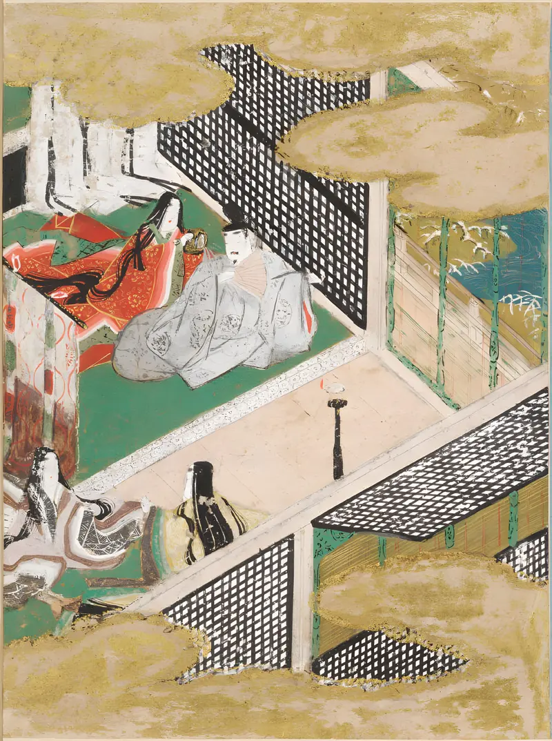 The Handsome Pillar by Tosa Mitsunobu, gold medium, features a young man in patterned robes.