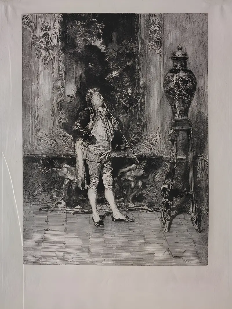 A detailed depiction of an interior scene by Mariano Fortuny Marsal.