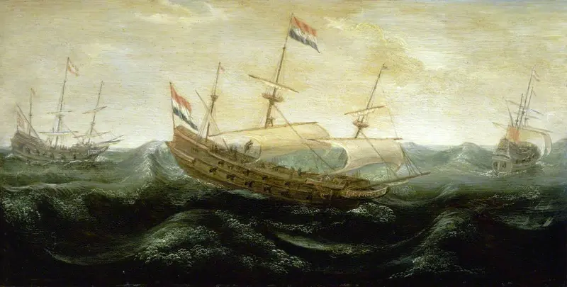 A turbulent sea with Dutch ships struggling against the waves under a dramatic sky.
