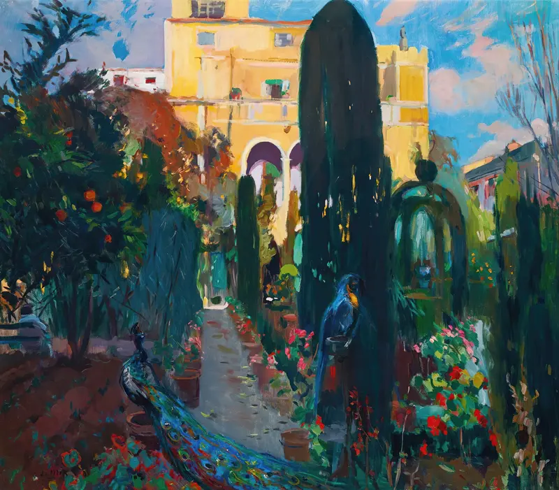 Post-Impressionism oil painting by Joaquin Mir Trinxet depicting a house with terracotta walls and warm light.