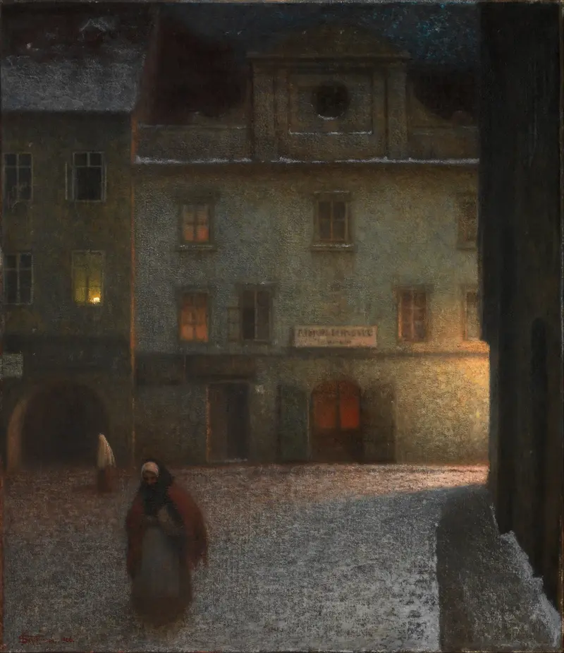 Evening Street by Jakub Schikaneder, oil painting depicting a solitary figure on a cobblestone street.