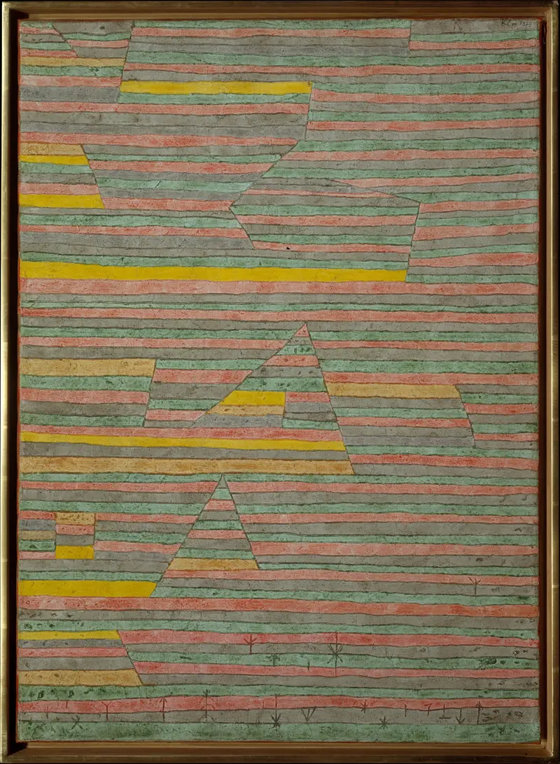 Paul Klee's 'Monuments at G.' features abstract architectural forms.