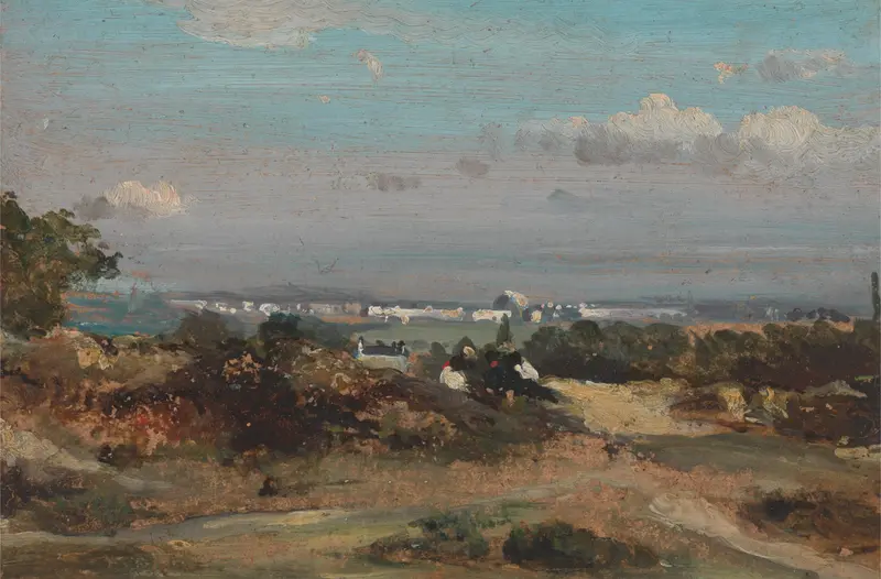 Landscape oil painting by Frederick Waters Watts depicting hills and a tranquil sea.