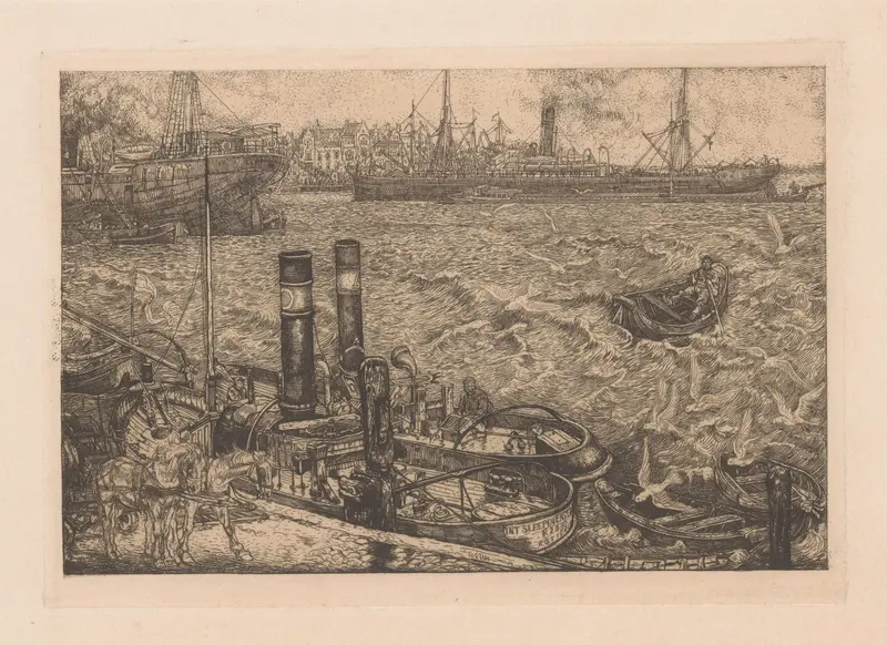 Marine scene with boats in harbor, oil painting by Pieter Dupont