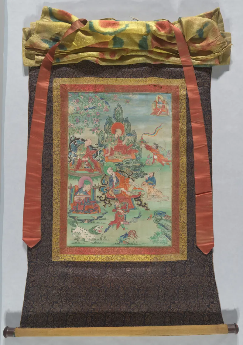 Painted Banner (Thangka) depicting Sixteen Arhats, ink on silk, Tibet