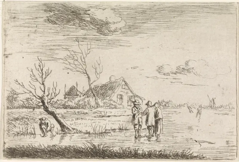 Winter landscape with skaters and a farm, etching by Johannes Christiaan Janson