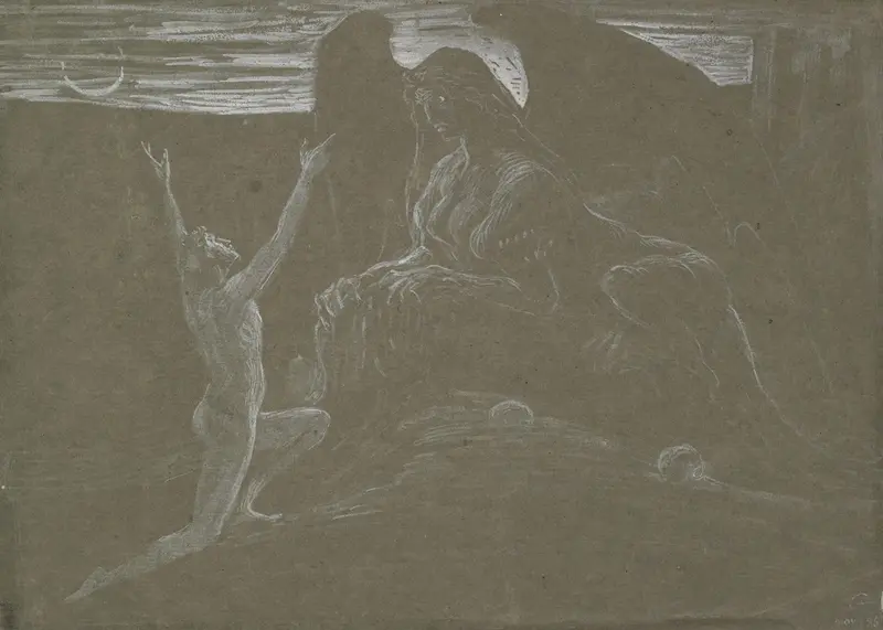 Walter Crane's 'The Riddle of the Sphinx' explores the mythological theme of the Sphinx.
