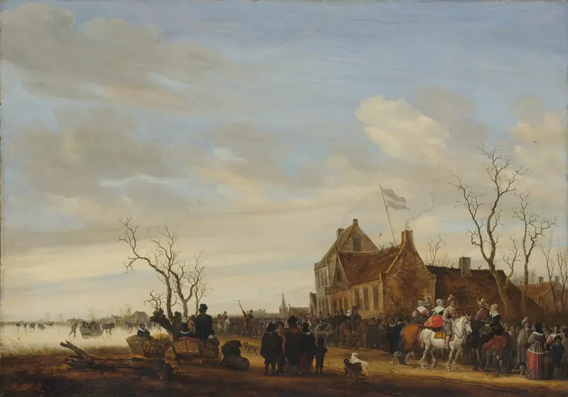 Drawing the Eel by Salomon van Ruysdael, ink on paper depicting a tranquil landscape with water and an eel.