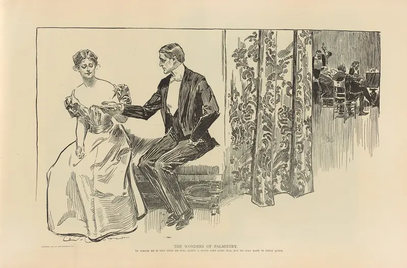 A young woman extends her hand for palm reading at a genteel gathering.
