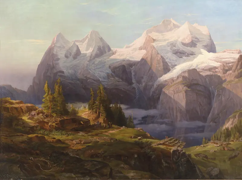 Eiger Mönch Jungfrau by Anton Hansch, oil on canvas depicting majestic mountains and sky.