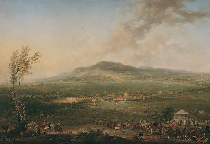 Landscape with hills and a village by Johann Christian Brand, oil on canvas