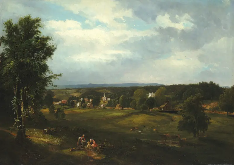 Village scene near Albany, New York by James McDougal Hart, oil painting.