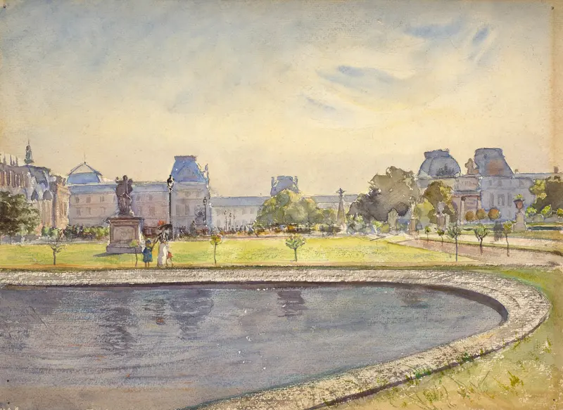 Le Jardin des Tuileries, oil on canvas by Guy De La Rochefoucauld, depicting a tranquil garden scene.