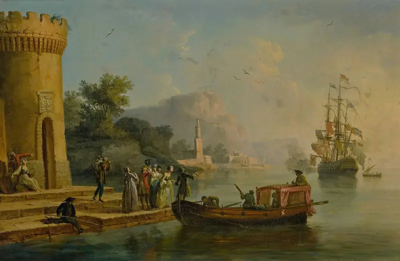 View of a Mediterranean port with figures and a ship by Claude-Joseph Vernet, oil painting