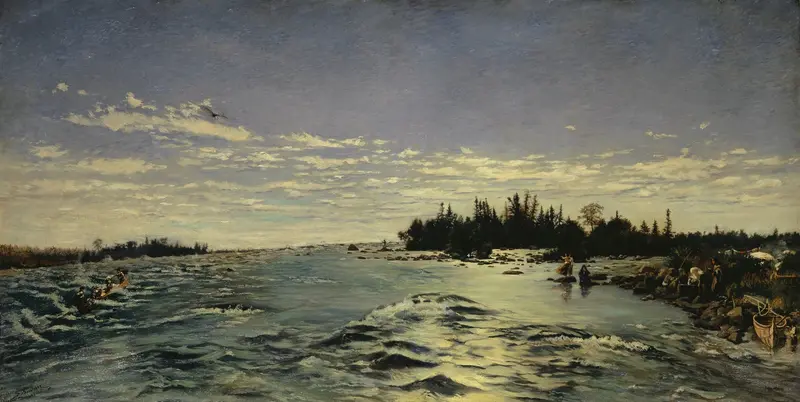The Rapids of Saint Marys River by Frank Buchser, oil painting depicting a vibrant river scene.