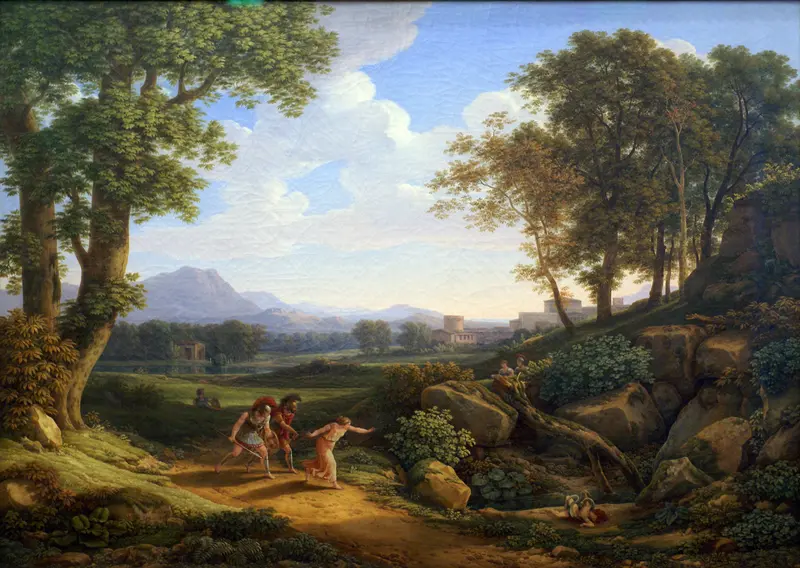 Landscape with twisted trees and golden light, oil painting by Johann Christian Reinhart
