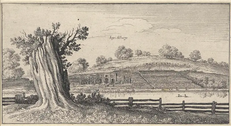Rivierlandschap met boomstronk nabij Albury etching by Wenceslaus Hollar depicting a serene landscape with a tree stump