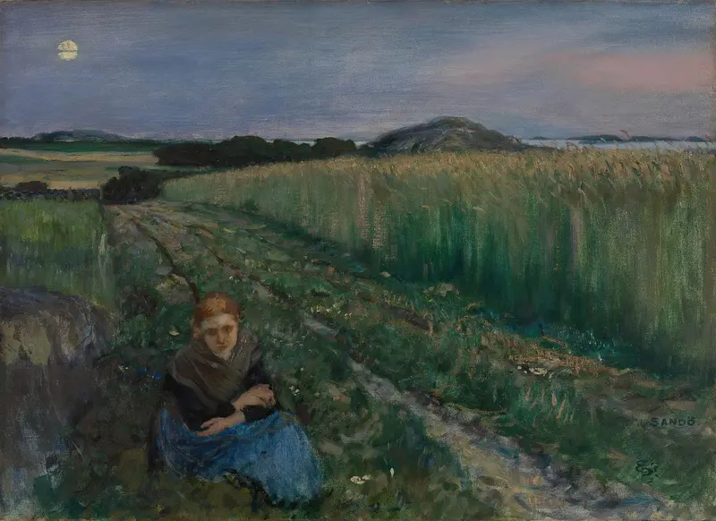 Summer Night at Sandø by Eilif Peterssen, oil painting depicting tranquil waters at dusk