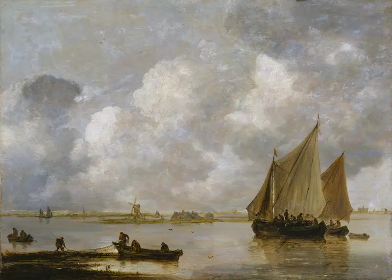 Haarlem Sea by Jan van Goyen, oil on canvas, depicting a tranquil marine landscape at sunset.
