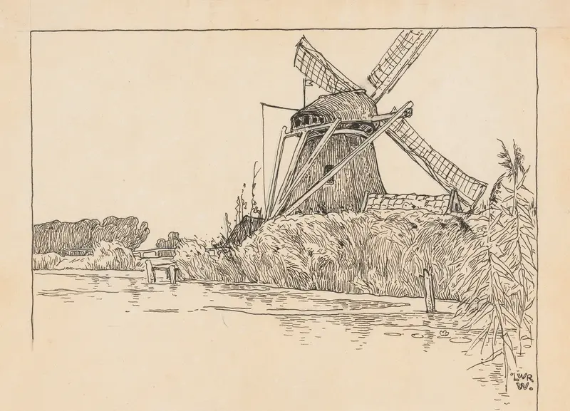 Molen aan een waterkant, oil on canvas by Willem Wenckebach, depicting a windmill by a river.
