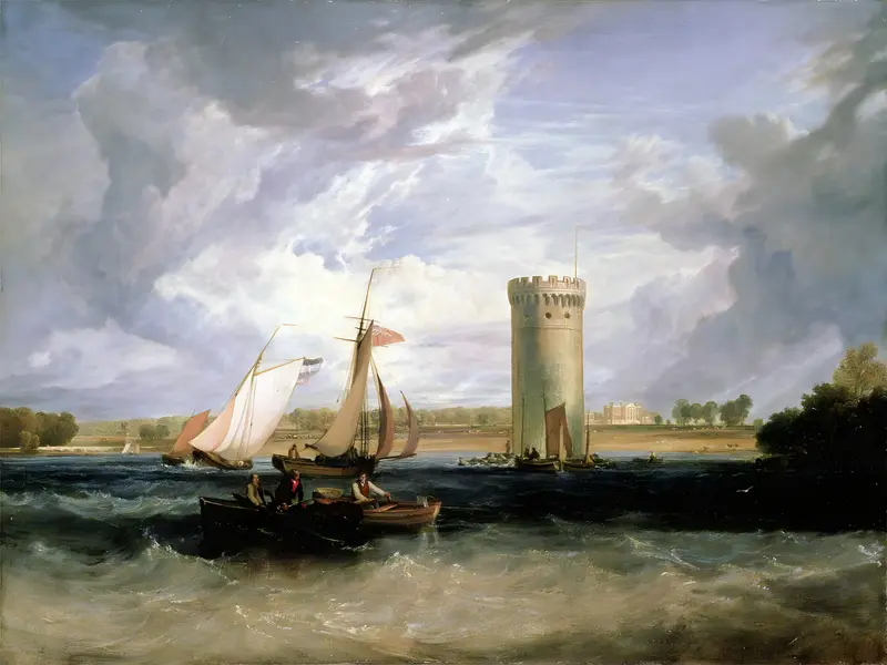 A dramatic landscape painting depicting Tabley House on a windy day.
