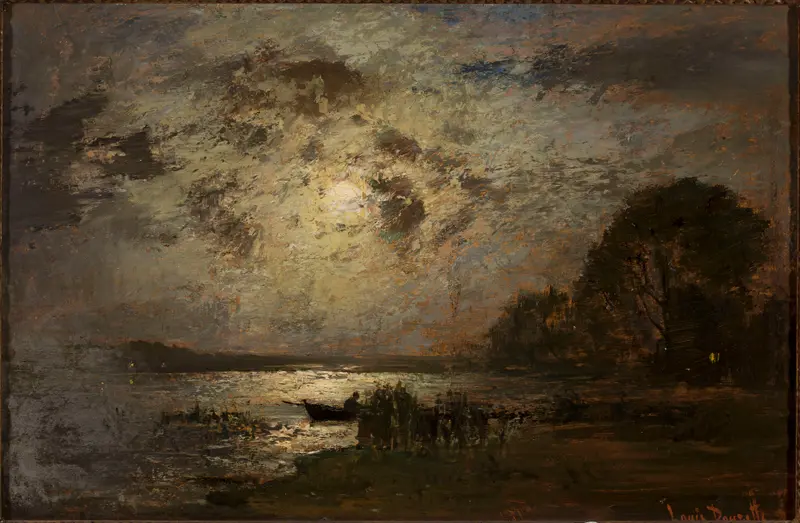 Moonlit landscape by Louis Douzette, oil on canvas depicting a serene night scene.