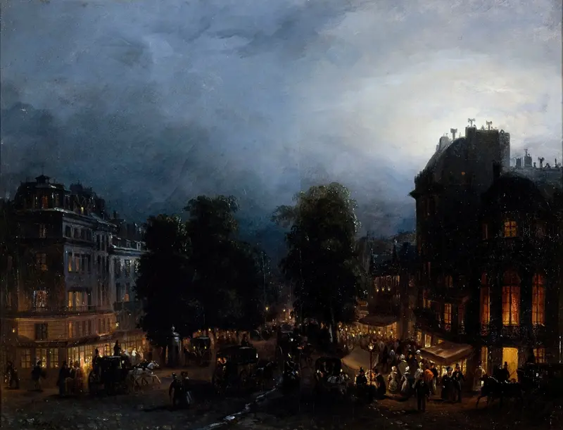 Le boulevard des Italiens de nuit, oil painting by Domenico Ferri depicting a lively Paris street at night.