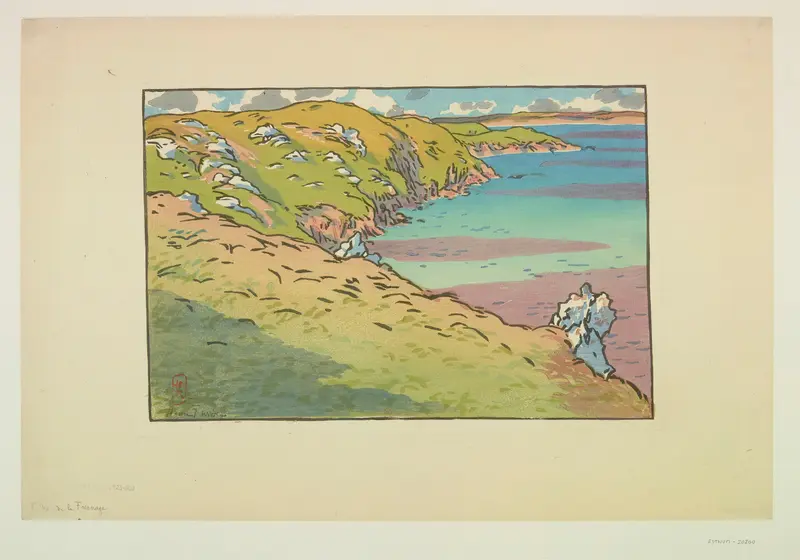 Henri Rivière's painting depicts a serene coastal scene at Baie de La Fresnaye.