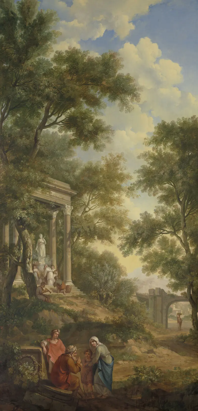 Arcadisch landschap by Jurriaan Andriessen, oil on canvas depicting a temple and an old man.