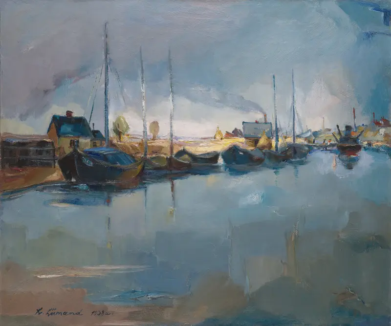 Lodjad Emajõel by Kaarel Liimand, oil on canvas depicting boats on a river with reflections and light.