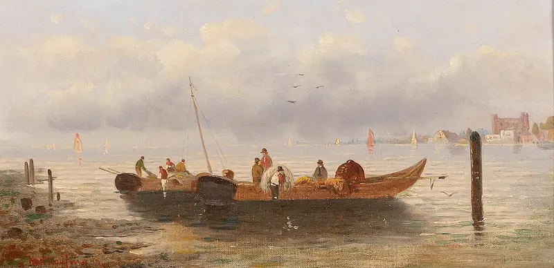 Fishermen By The Coast, oil on canvas by Karl Kaufmann, depicting fishermen against a stormy sea.