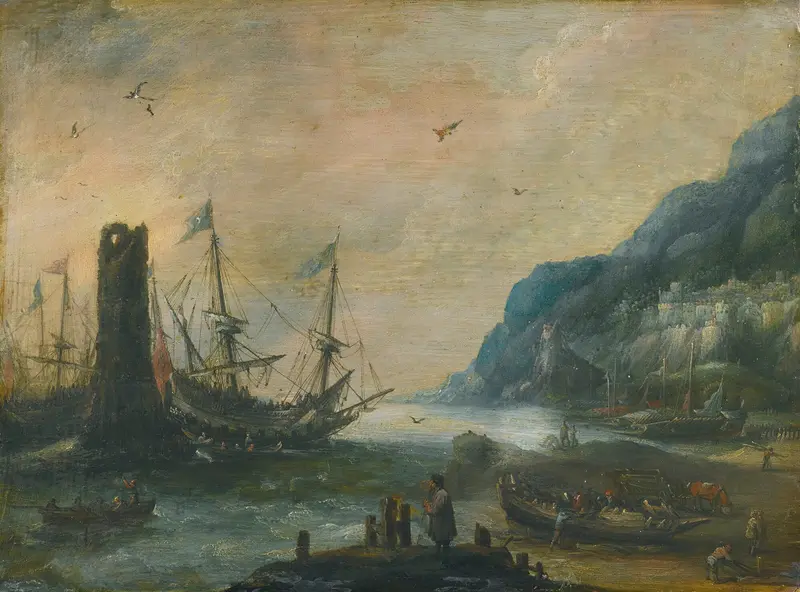 Marine scene with ships and figures on the shore, oil painting by Andries van Eertvelt