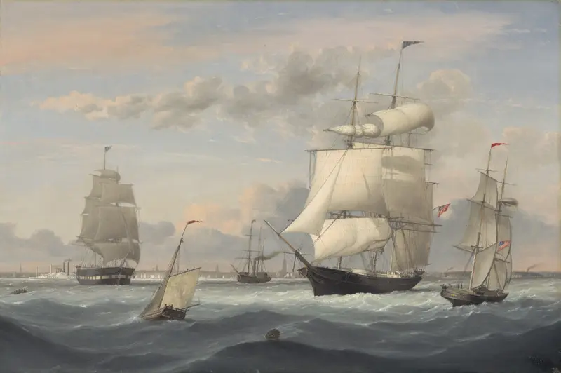 New York Harbor by Fitz Henry Lane, oil painting depicting a steamship and city skyline