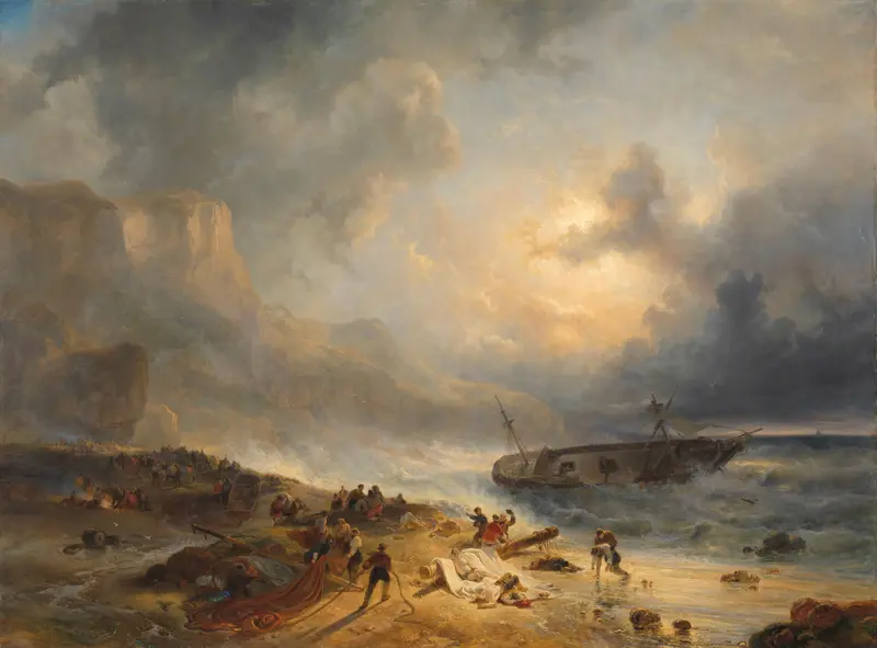 Shipwreck off a Rocky Coast by Wijnand Nuijen, oil painting depicting a shipwreck during a storm