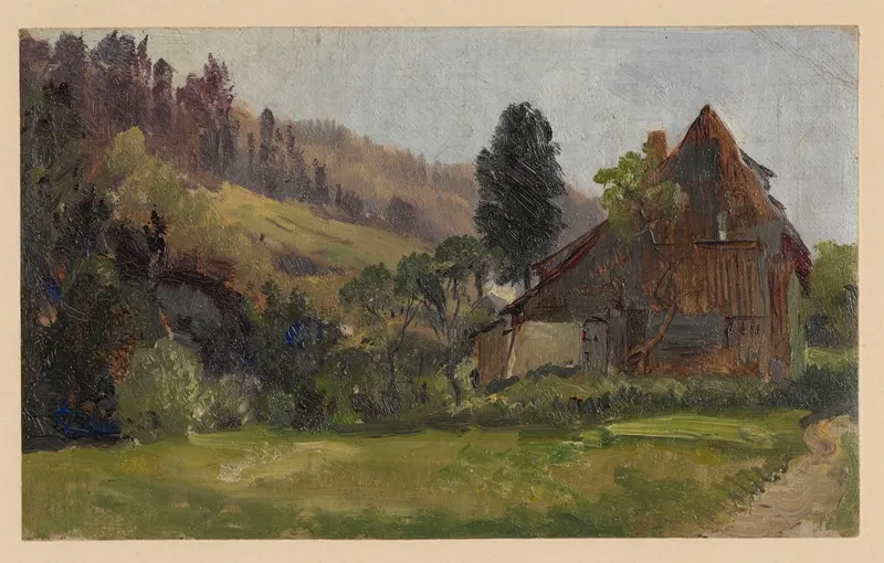 Landscape with buildings in Zlaté Hory by Adolf Dressler, oil on canvas, depicting hills and sunlight.
