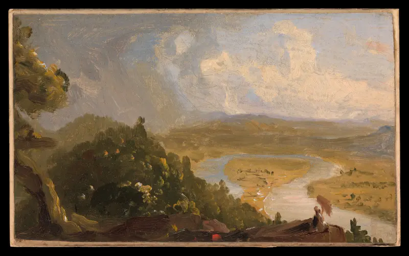 Landscape with stormy sky and calm river, oil painting by Thomas Cole